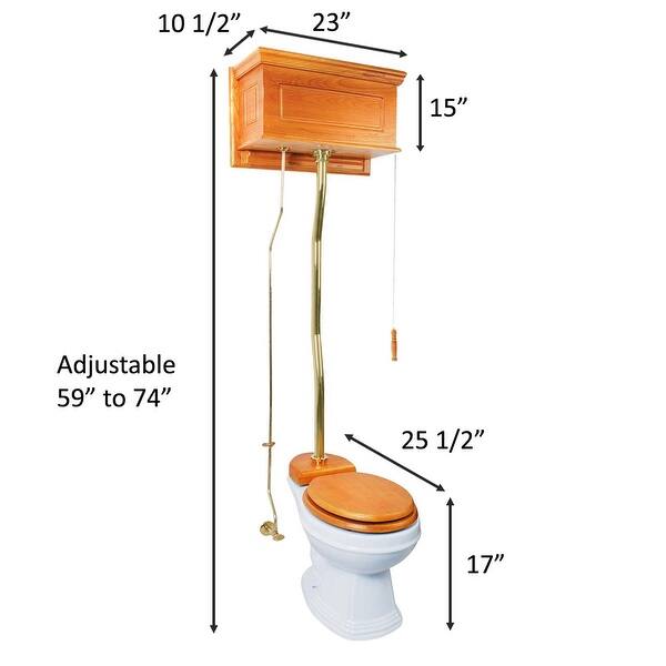 High Tank Pull Chain Toilet Cherry Wooden Flat Tank White Round Bowl and 70" to 74" Chrome L